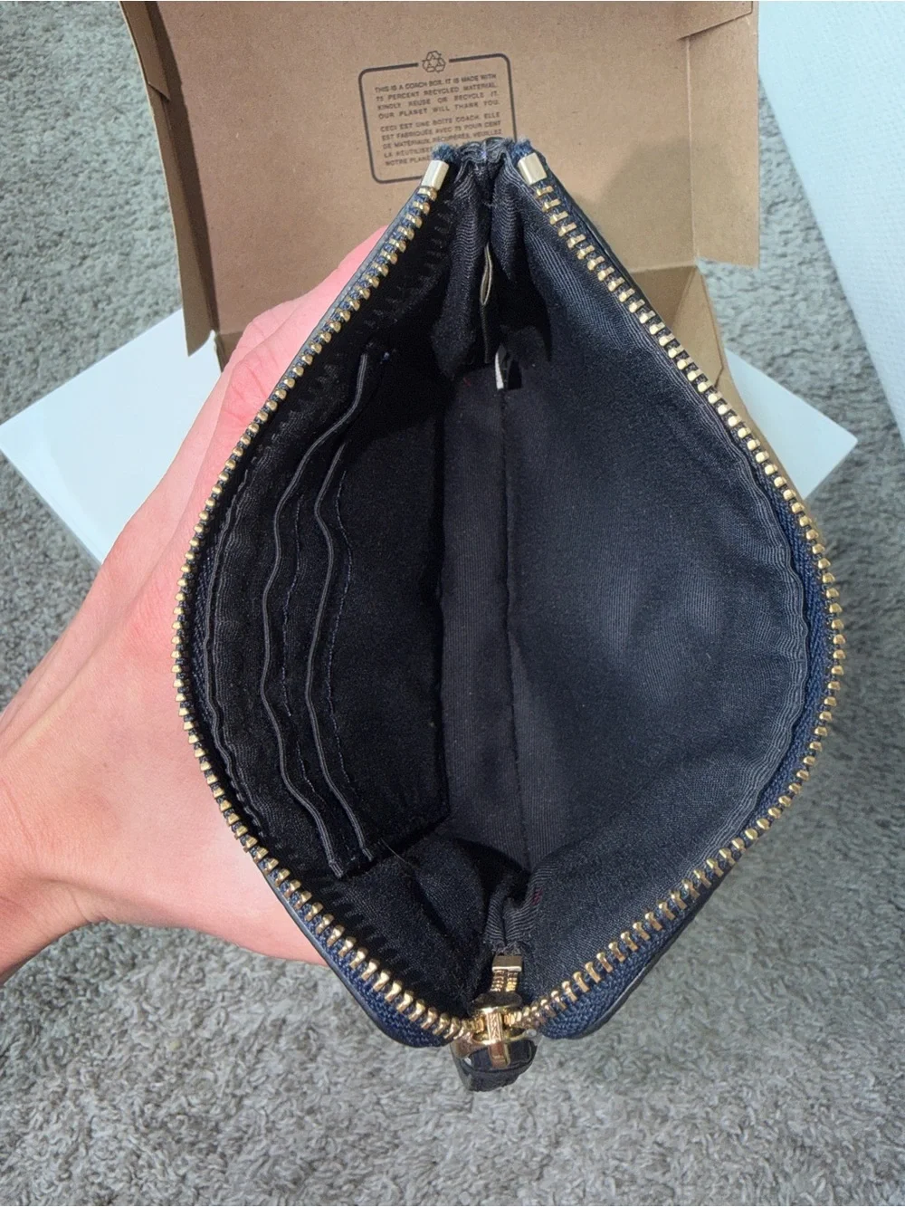 Coach Corner Zip Wristlet Black Crossgrain Leather Gold Hardware